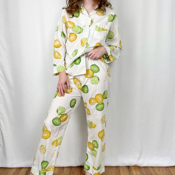 Deadstock Vintage Novelty Citrus Print Matching Pajama Shirt & Long Pants PJ Set - Picture 6 of 9